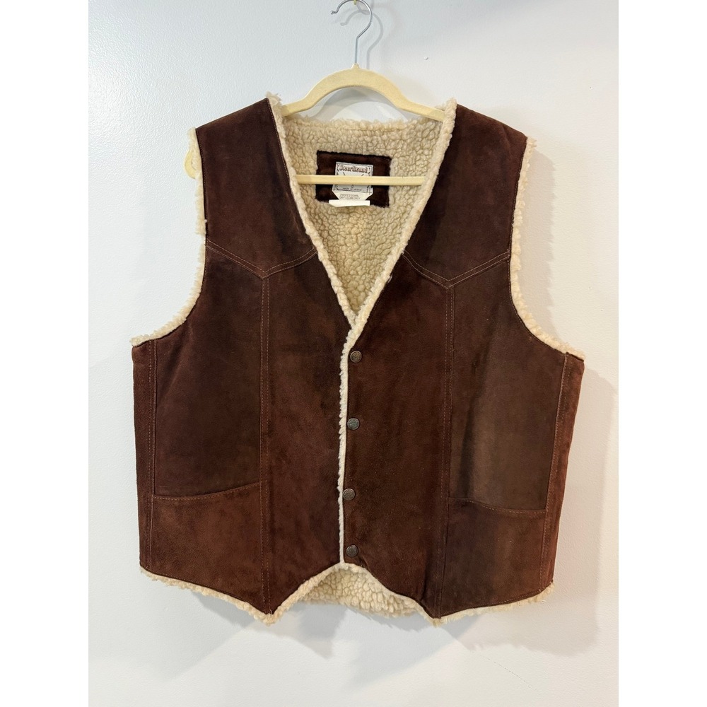 Steer Brand Vintage Brown Suede Leather Western Vest Faux Shearling Lined Large